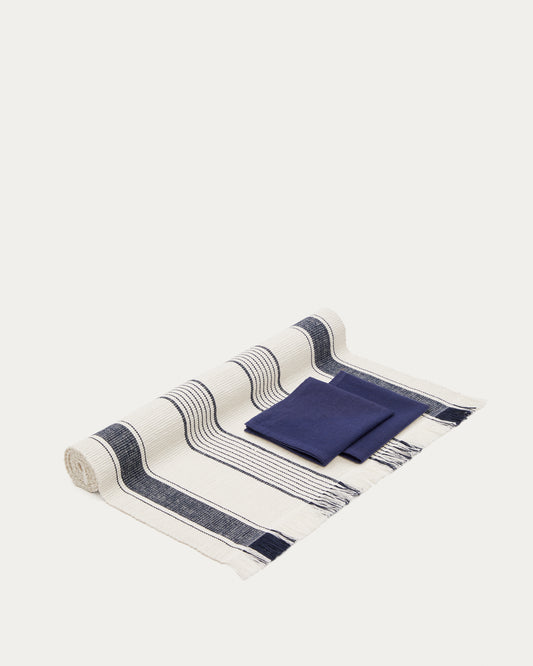 Ensemble Sonima chemin de table et 2 serviettes 100 % coton à rayures beige et bleu