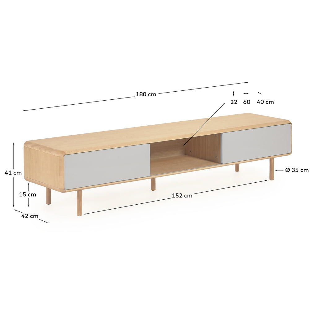 Meuble TV Anielle 2 portes en bois et placage de frêne 180 x 41 cm